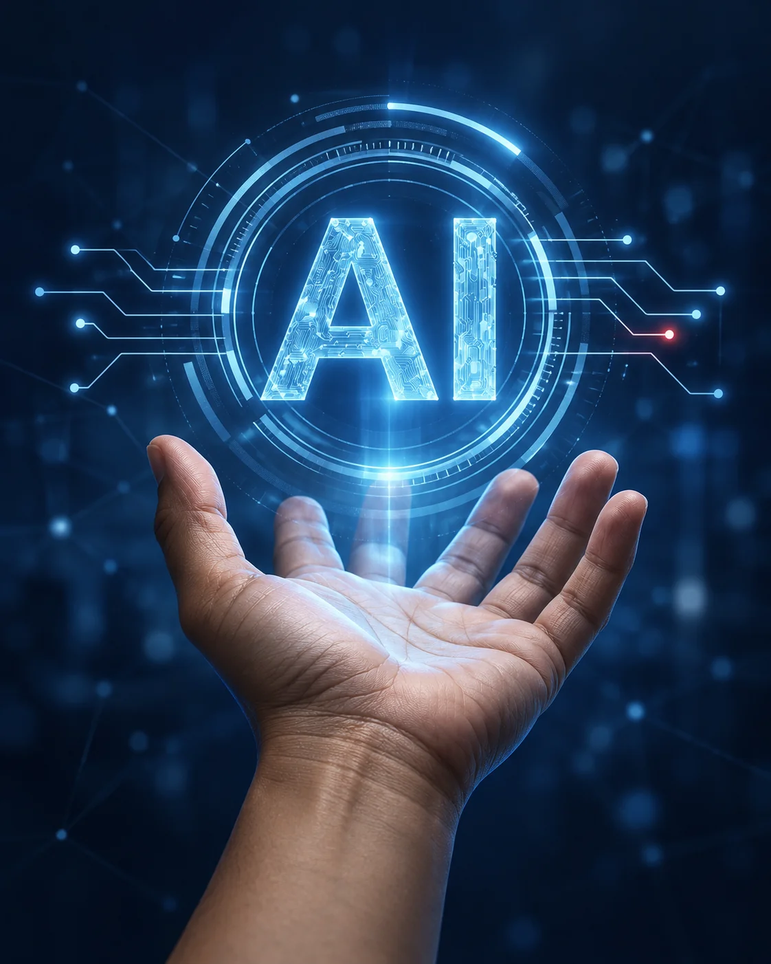 An open hand beneath an AI symbol surrounded by blue circuit lines.
