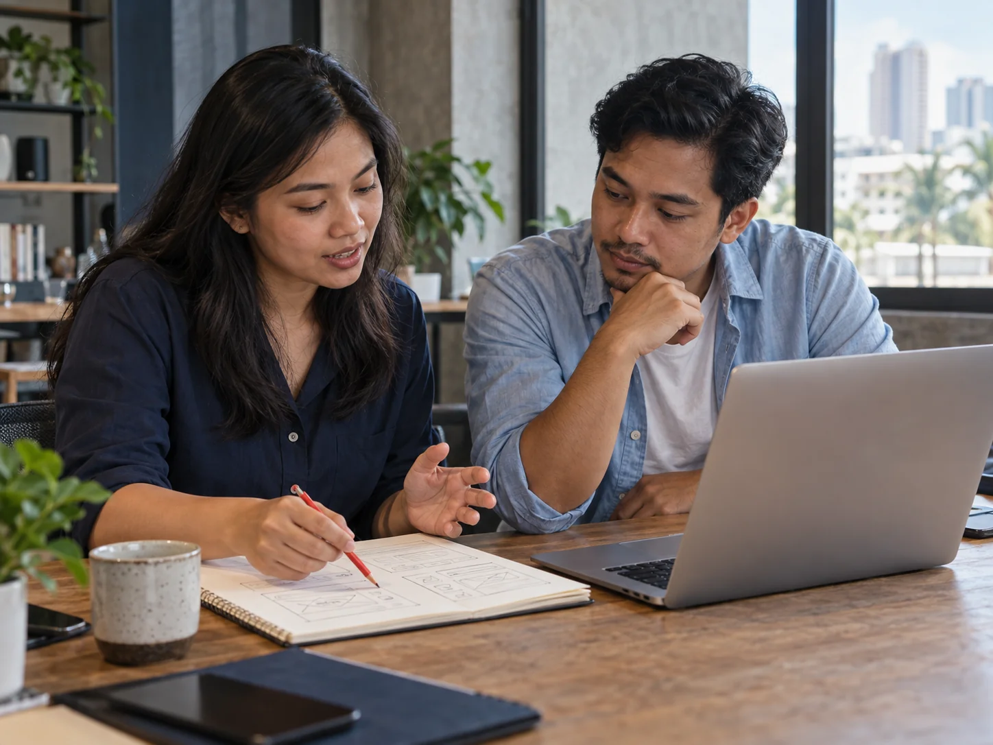 Two Filipino professionals discussing interface sketches beside a laptop.